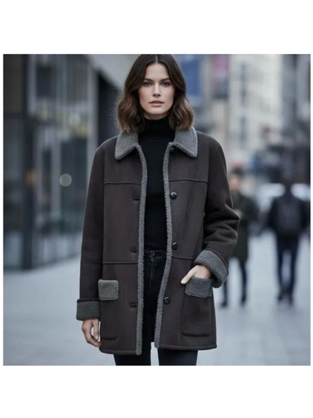 * Lauren by Ralph Lauren Black Faux Suede and Shearling Button Up Car Coat US L